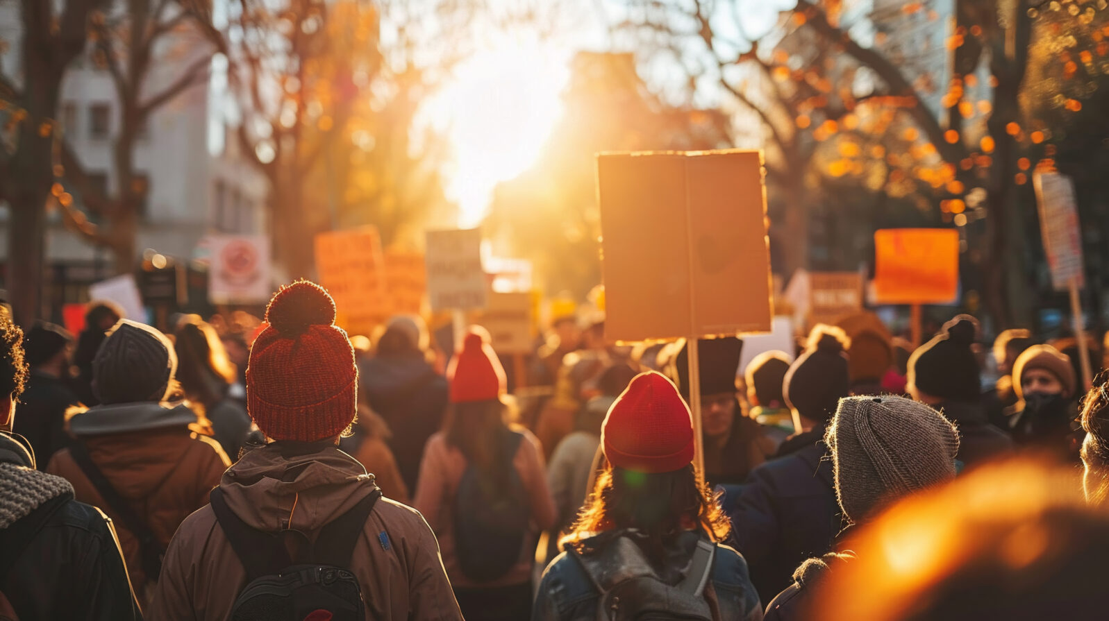 A political rally with protest signs