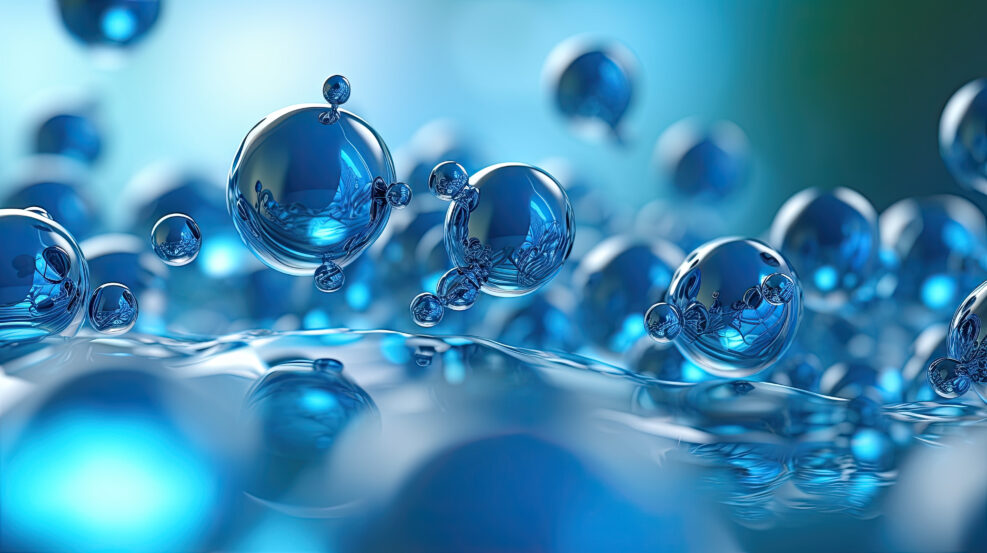 Abstract glass molecules floating in blue fluid background with selective focus - environment, water or clean energy concept