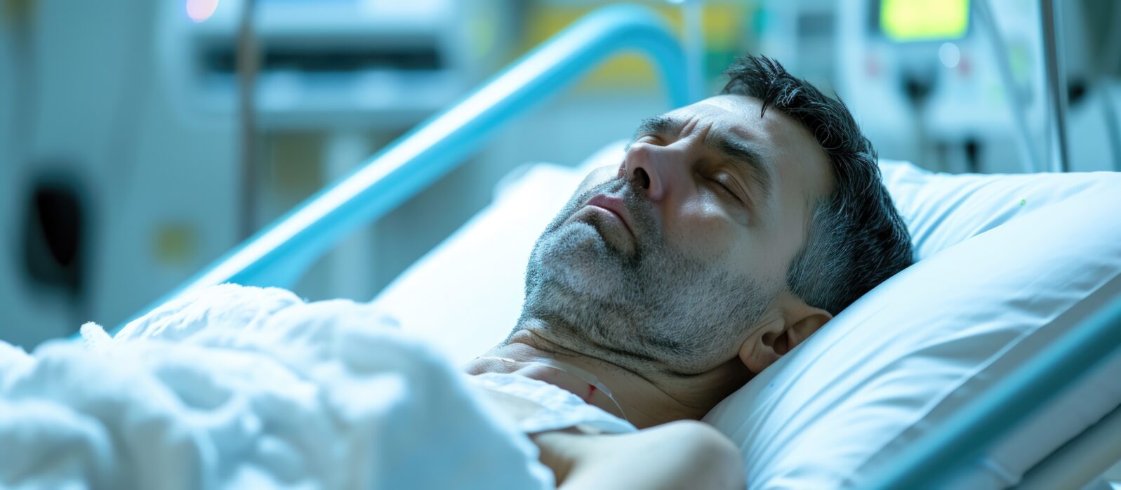 Comatose male patient in hospital.