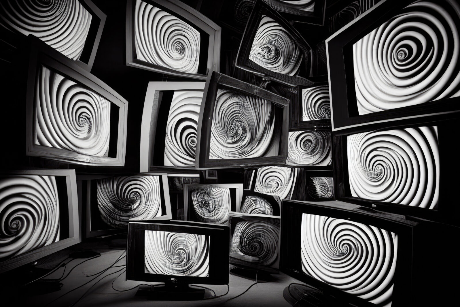 Concept of propaganda and fake news, TV addiction. A lot of retro TV in dark room with spiral illusion effect on screens. Politicians manipulate the population. Created with Generative AI