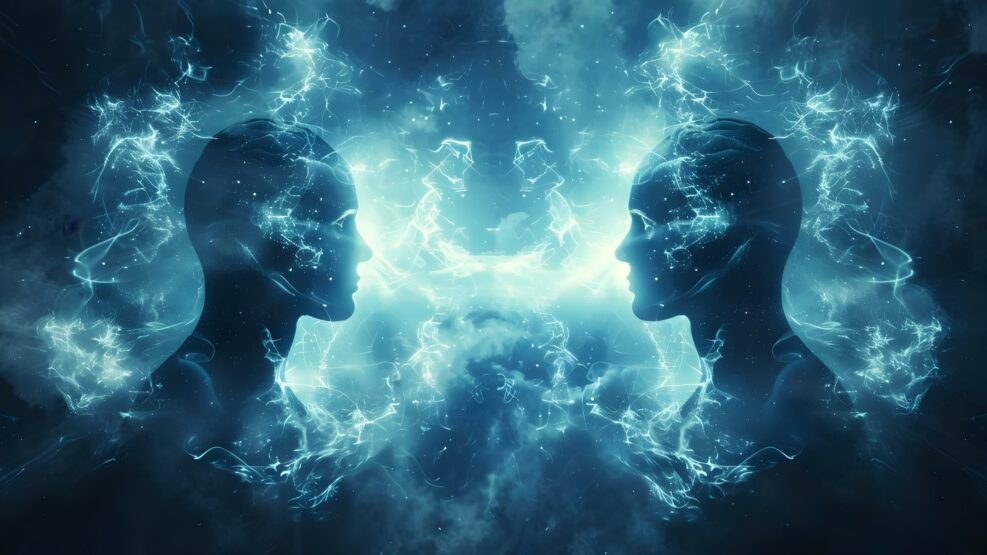 Deep meditation can create a spiritual bond between two people through telepathic communication. Concept Spiritual Bond, Deep Meditation, Telepathic Communication, Mind-Body Connection