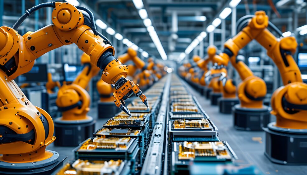 High-tech assembly line in a factory manufacturing computer chips with robotic arms and precise processes