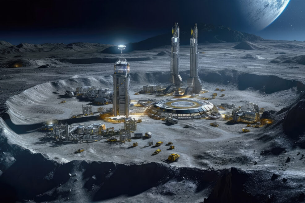 Lunar mining operation extracts precious resources from the Moon surface. Future of space exploration and resource utilization. Generative AI