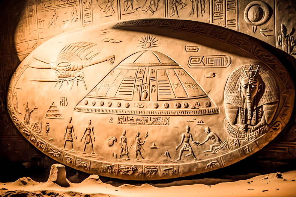 Old Egyptian hieroglyphs with UFO Aliens on ancient background. Concept humanoid Flying saucer history of Earth. Generation AI