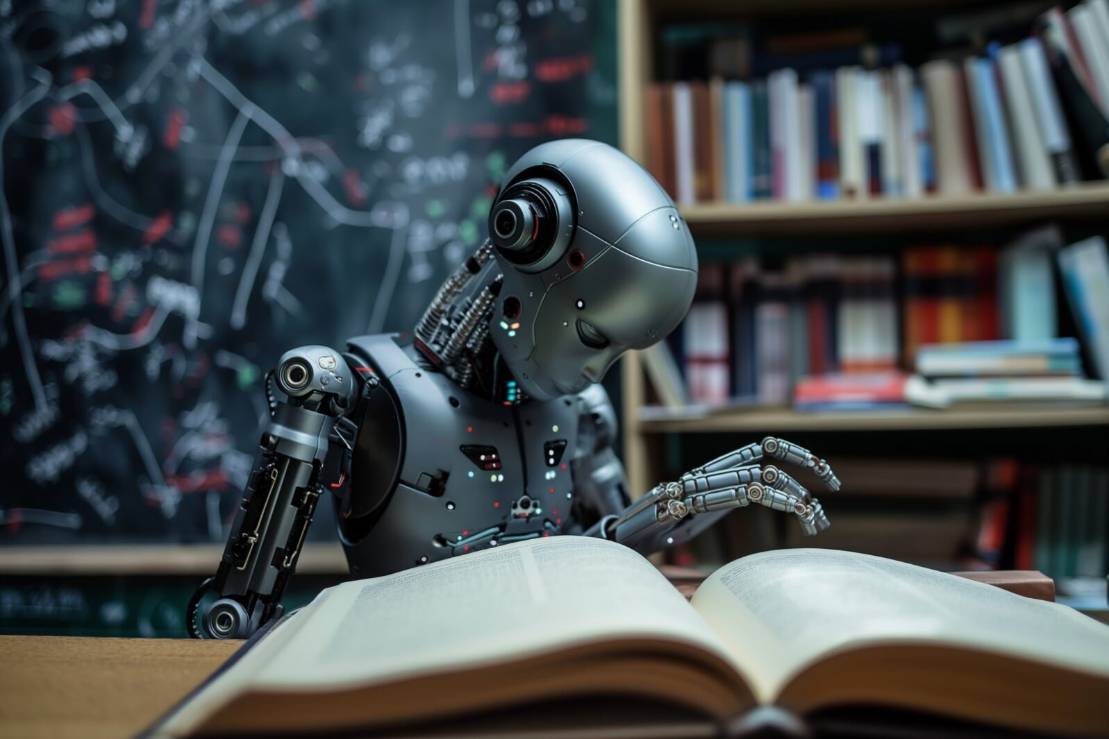 robot reading book and solving math data analytics, concept of future mathematics artificial intelligence