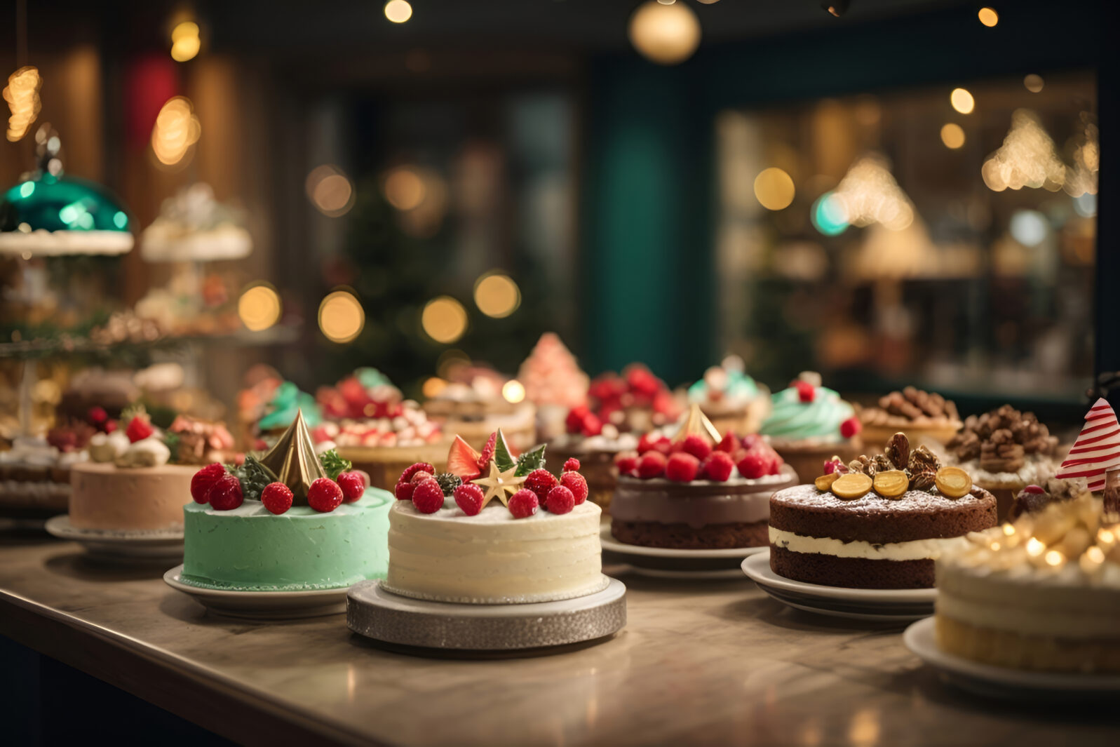 a cake shop display a variety of delicious Christmas cakes