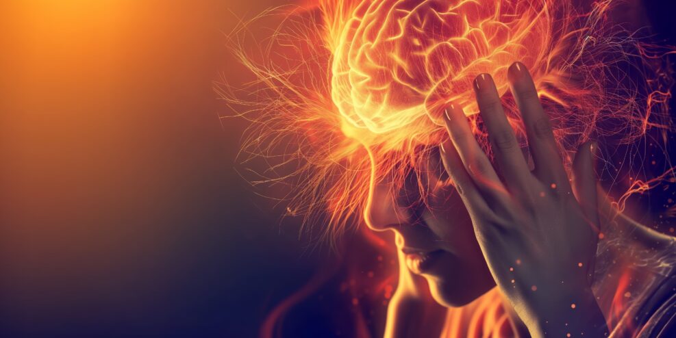 A striking depiction of a glowing brain with a hand signifying headache, mental strain, or migraine