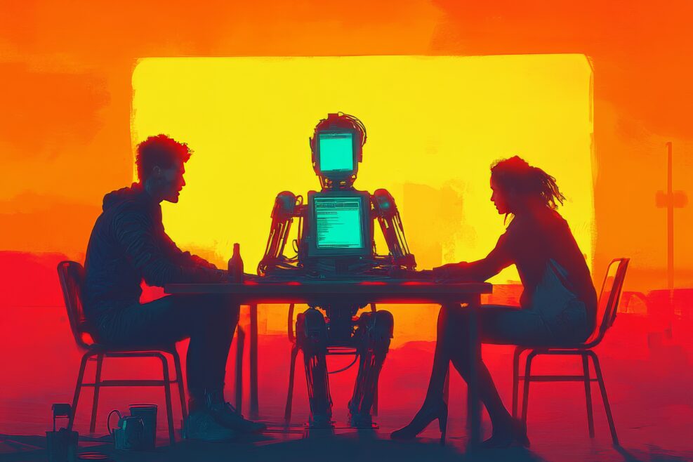 Futuristic meeting between humans and a robot at a glowing digital table symbolizing the collaboration between humanity and technology in decision making