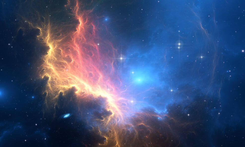 Glowing huge nebula with young stars. Space background