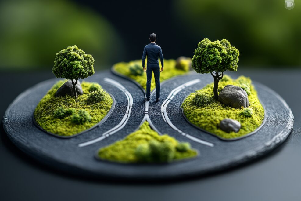 Hyper-realistic figure standing at a forked road, with incredible detail in the environment, representing free will in a realistic scene