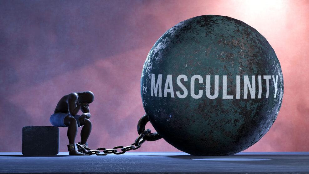 Masculinity - a gigantic and unmovable weight chained to a vulnerable and suffering person in pain, misery and helplessness. Cold and tragic condition created by Masculinity ,3d illustration