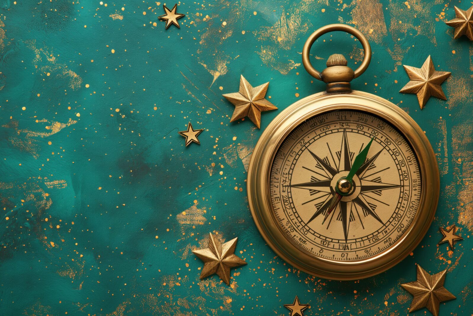 Photo of a gold compass isolated against a dark teal background with starry night elements, copy space. Travel and navigation concept.