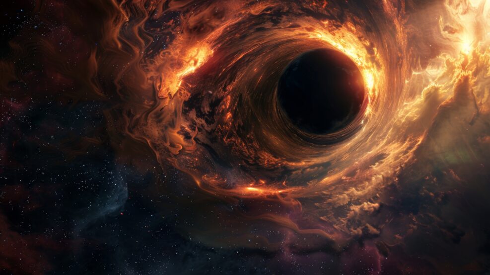 A captivating view of a black hole in space, a dark center surrounded by a swirling disk of hot, glowing gas and dust, stars and nebulae in the background being bent by its gravity, feeling of the