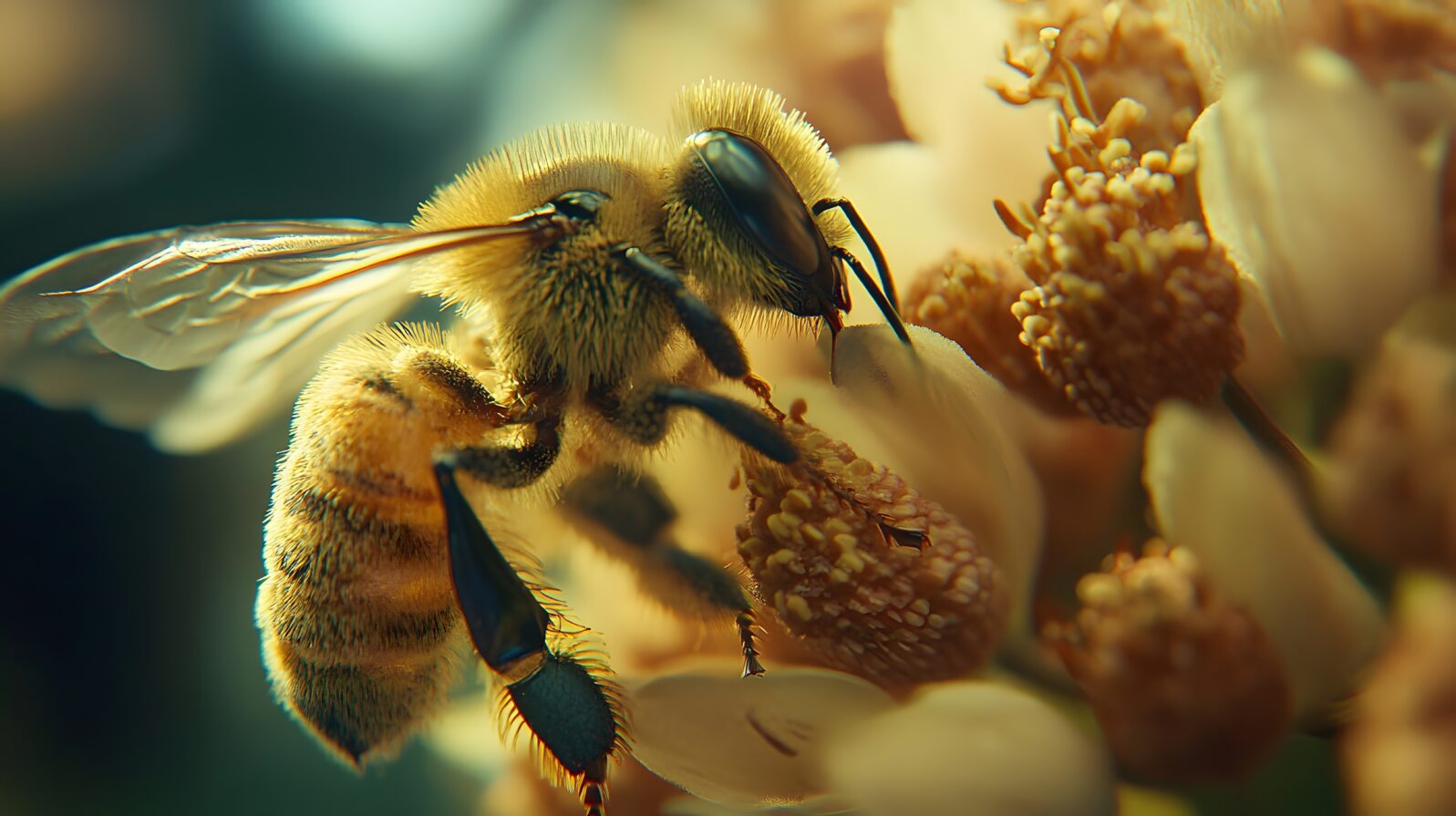 A macro shot reveals a bee's intricate legs clinging to a flower's pollen, nature's delicate dance unfolds.