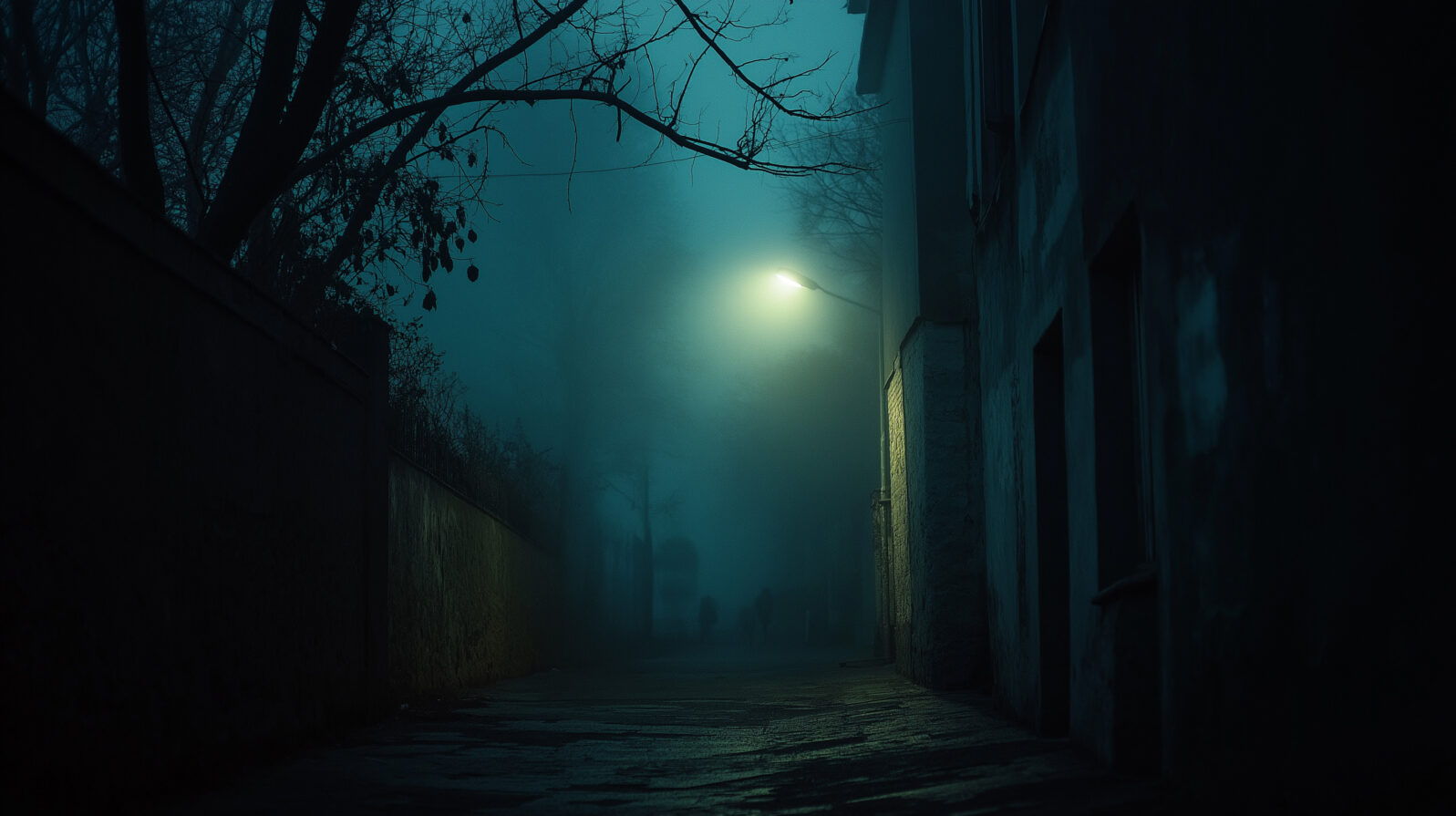 Dark alley with a single street light at night