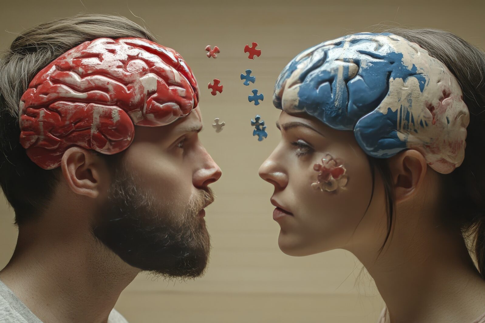 Responsive Mirror neurons Side profiles of a couple with puzzle pieces forming their brains symbolizing the challenge of fitting together thoughts and ideas in a relationship