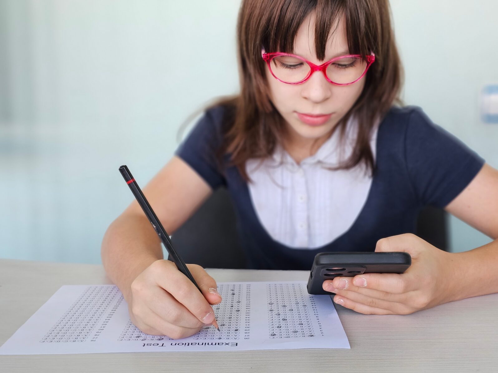 Student child holding smartphone during control exam test at school and cheating on the exam