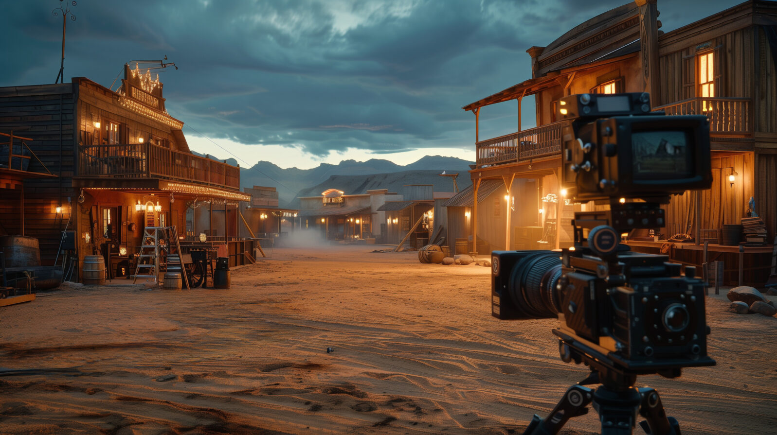 'Wide angle shot of a desolate movie set at dusk, old Western style buildings and vintage film cameras'