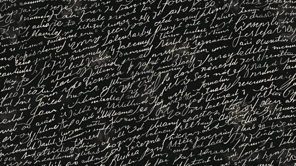 A dark and detailed background featuring handwritten cursive text, creating an abstract and complex visual effect that draws the viewer's attention to its intricate details.