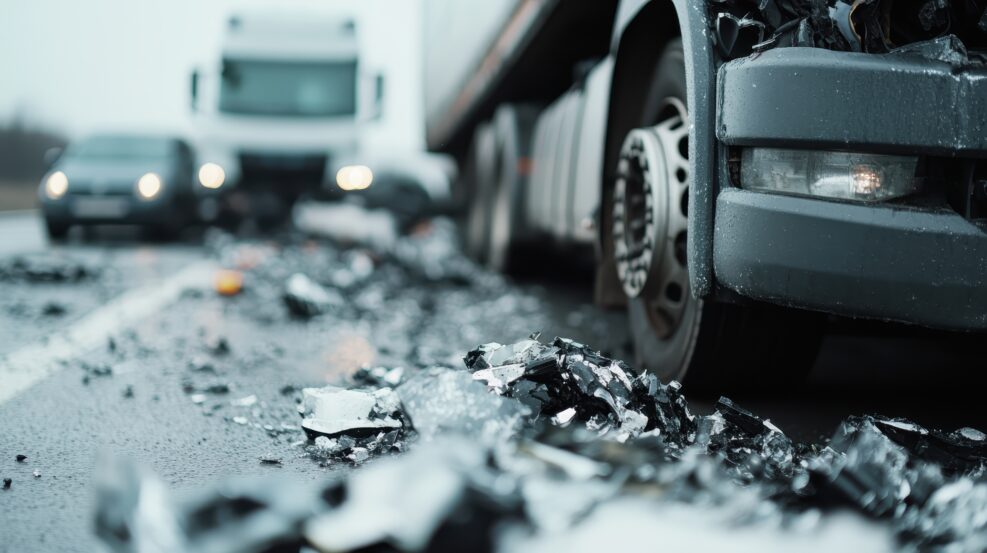 A scene of a roadway littered with debris from a vehicle wreck, with visible damage to multiple trucks, emphasizing the severity of a multi-vehicle accident on an icy road.