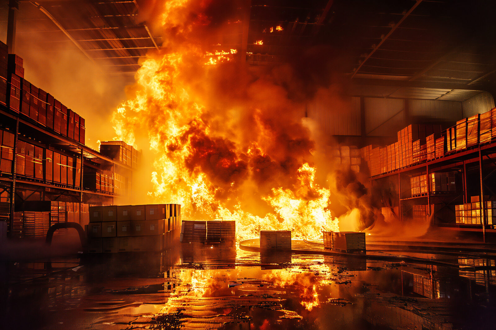 Fire in a storage warehouse. Spreading fire in a warehouse full of boxes
