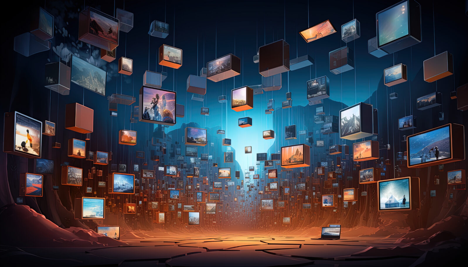 Illustration featuring a surreal arrangement of floating media screens
