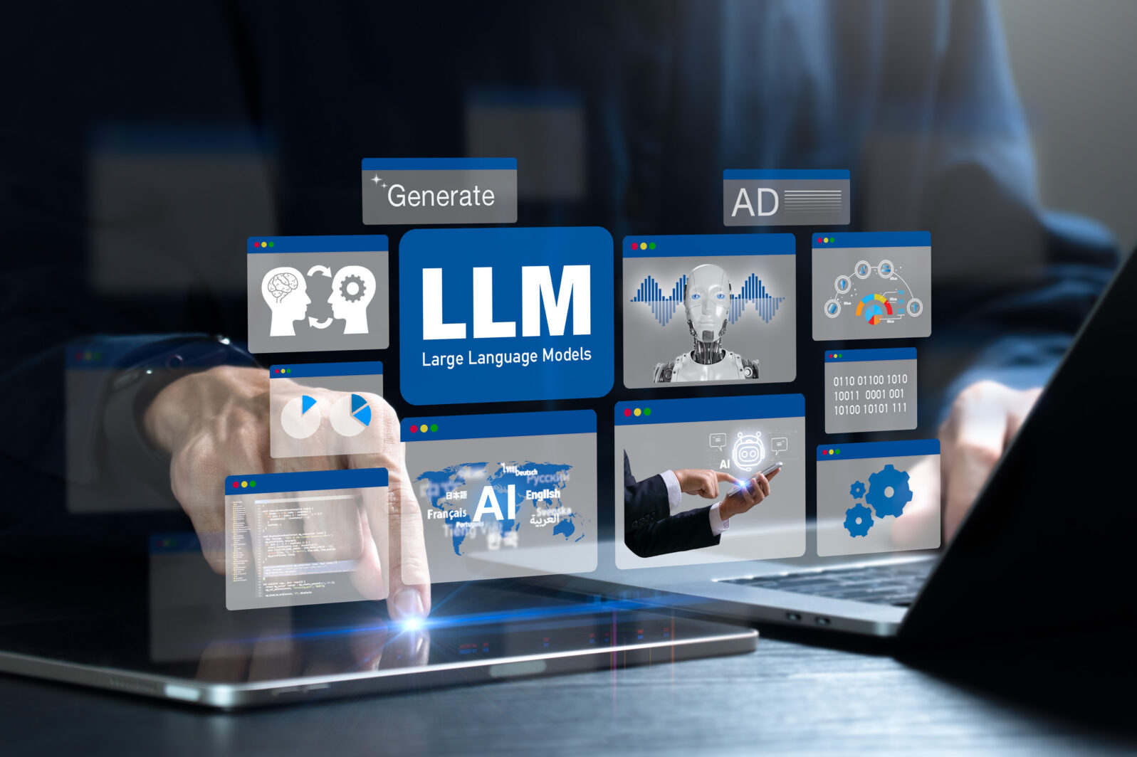 LLM, AI Large Language Model concept. Businessman use tablet and laptop with LLM icons. A language model distinguished by its general-purpose language generation capability. Chat AI.