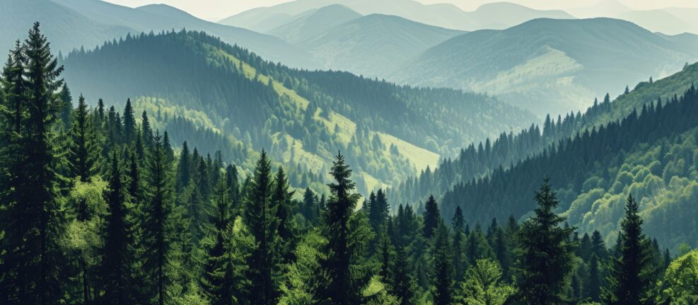 Northern woodland scenery, viewed from above, with green pine forest and dark spruce trees on mountain hills.