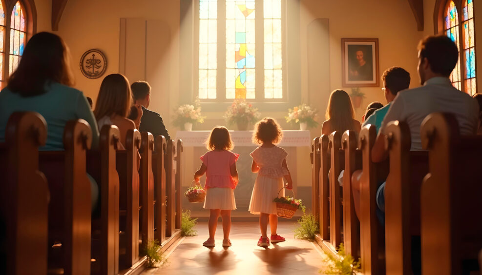 Photorealistic Church celebration in small country church with wooden pews, children holding baskets