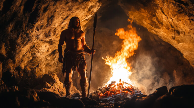 prehistoric caveman standing by a fire inside a cave, holding a spear, wearing fur clothing, and gazing into the flames with intensity.