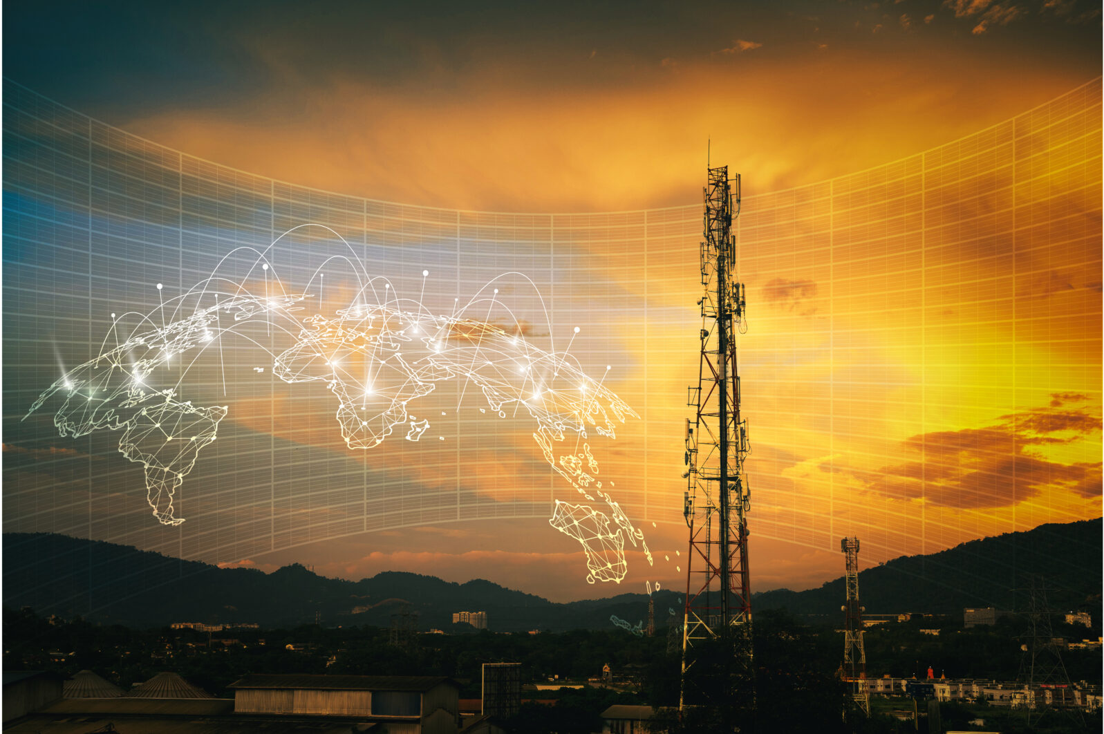 Telecommunication tower during sunset with HUD graphical internet worldwide connectivity of 3G, 4G and 5G network. Technology concept. Antenna, microwave, repeater, base station. Mobile communications