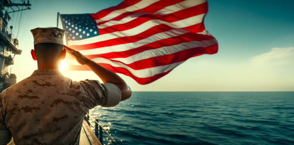 Web banner design of an American soldier saluting the American flag