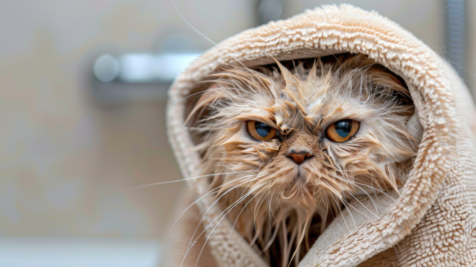 A wet cat wrapped in a fluffy towel after a bath, its expression a mix of annoyance and relief as it dries off from the water ordeal.