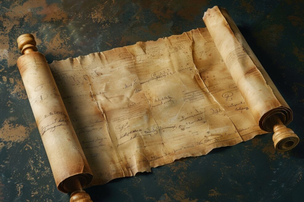 A worn-out scroll with ancient text lying on a table, ready for study or research