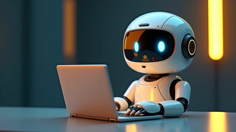 Artificial intelligence robot using laptop neon light futuristic technology 3d illustration banner