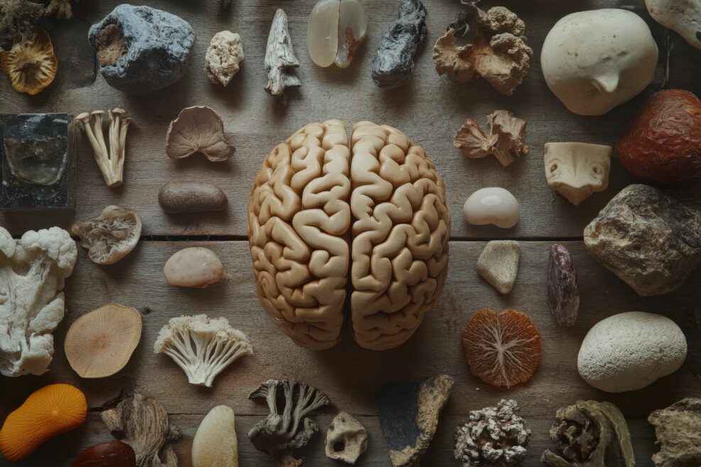 Brain model surrounded by natural objects.