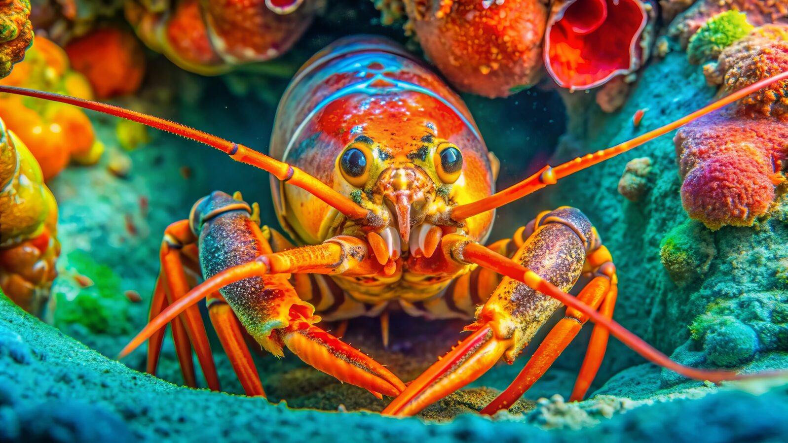 Close-up of a colorful lobster in a coral reef.