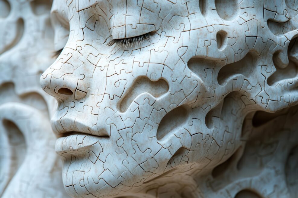 profile of a human head composed of interlocking jigsaw pieces symbolizing cognitive psychology set against a minimalist backdrop for clarity and focus