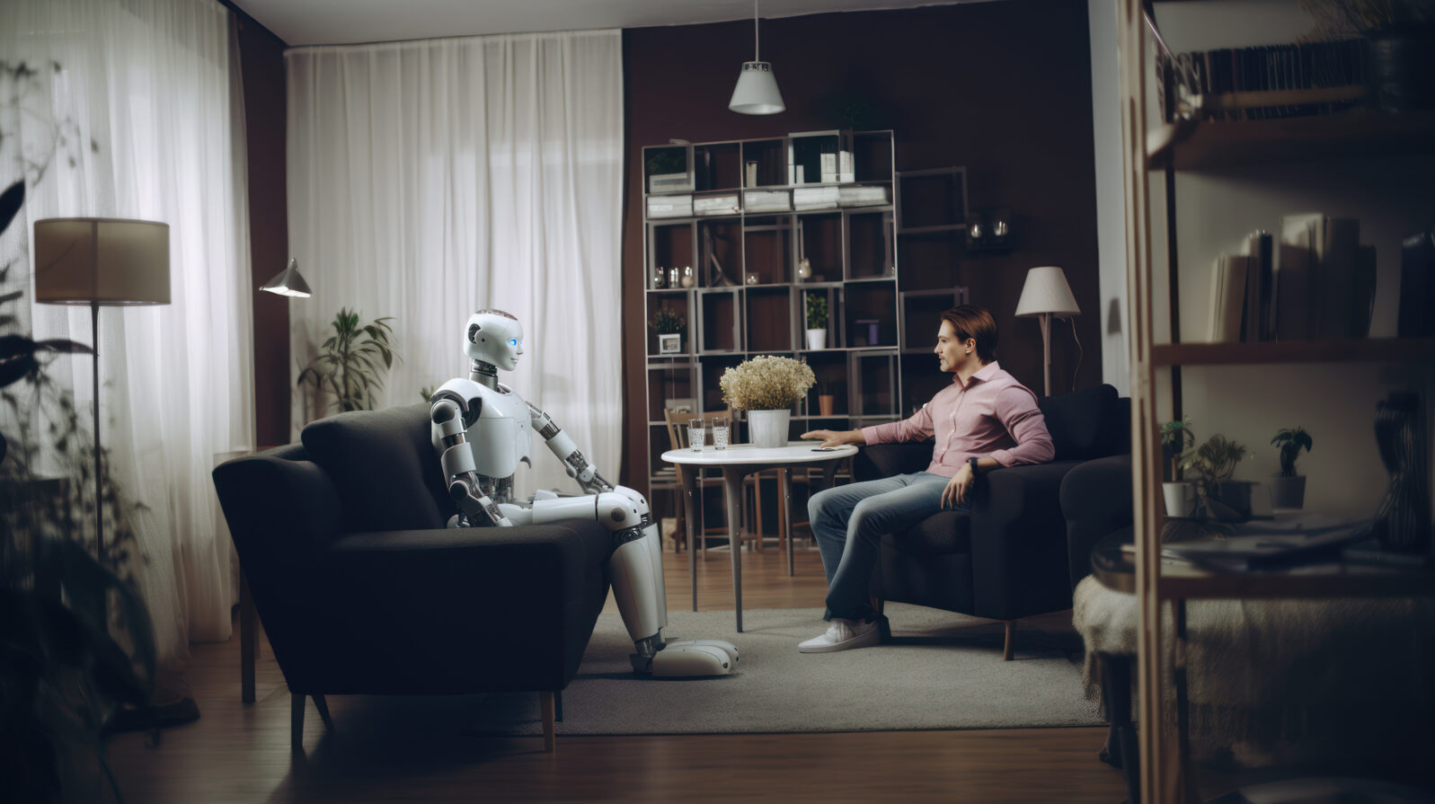 A man confides his psychological distress to her robotic assistant. Concept of psychological support thanks to AI.