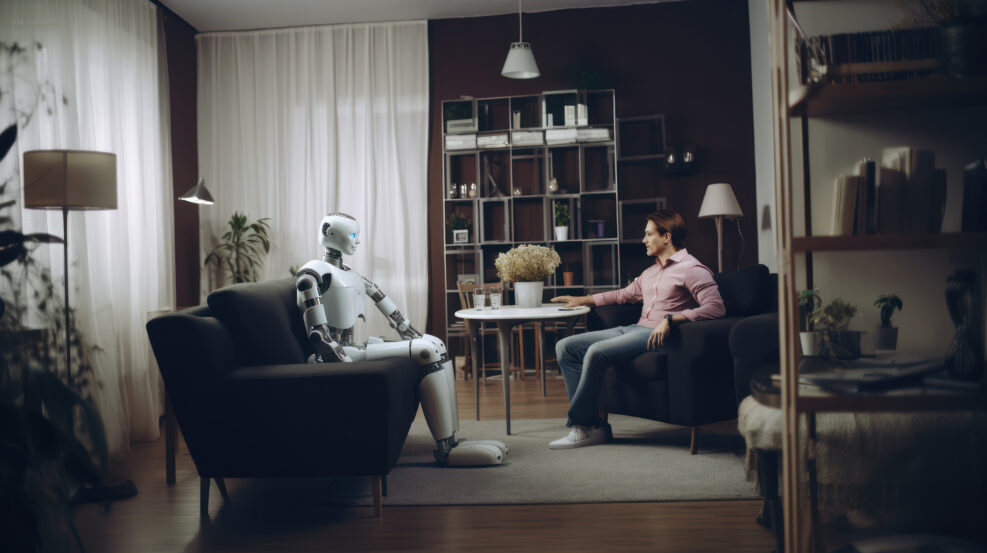 A man confides his psychological distress to her robotic assistant. Concept of psychological support thanks to AI.
