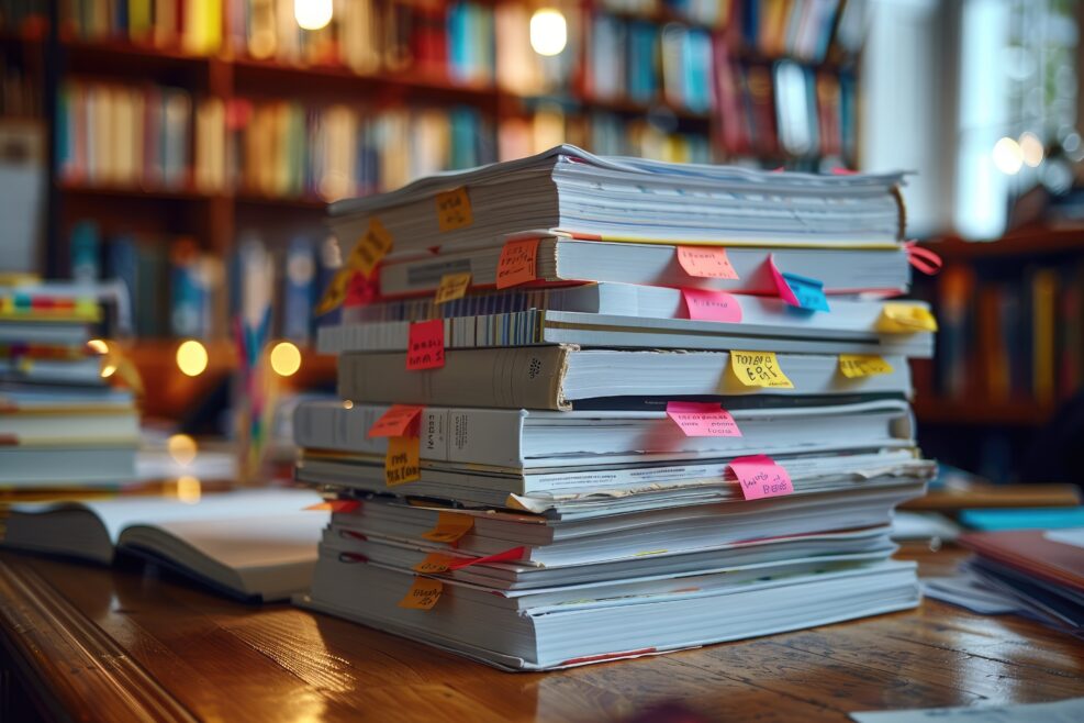 A pile of research journals and books on a desk, with sticky notes marking important studies