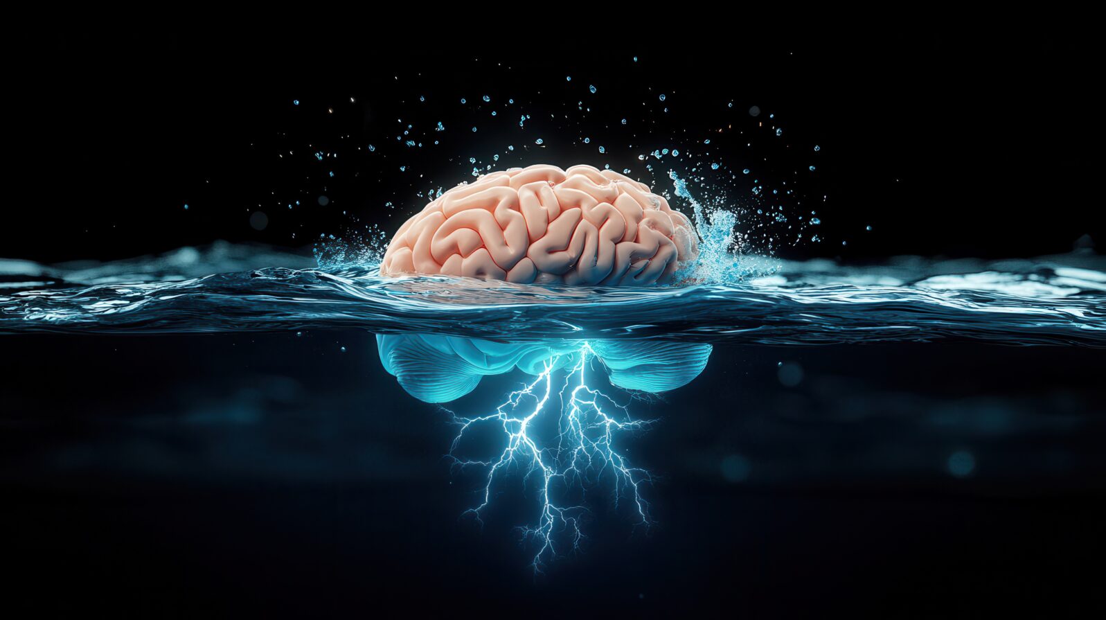 A surreal image of a human brain partially submerged in water, with electric sparks illuminating the surrounding dark space.