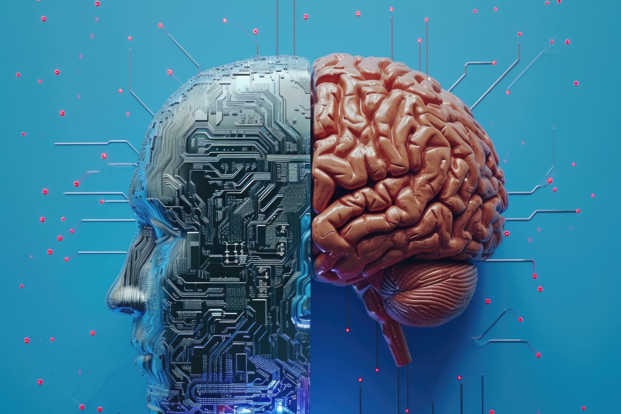 Artificial intelligence versus humans. Robot and human heads facing each other