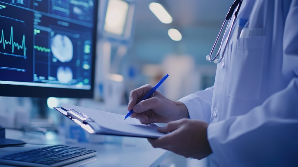 Doctor writing on a clipboard in a high-tech medical environment, monitors displaying vital signs