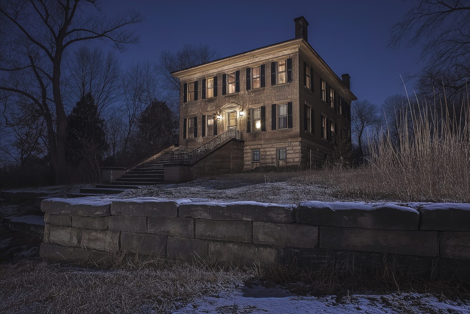 Experience the eerie charm of Battlefield House Museum at night in Hamilton