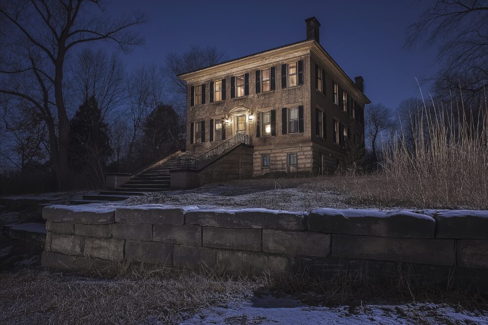 Experience the eerie charm of Battlefield House Museum at night in Hamilton