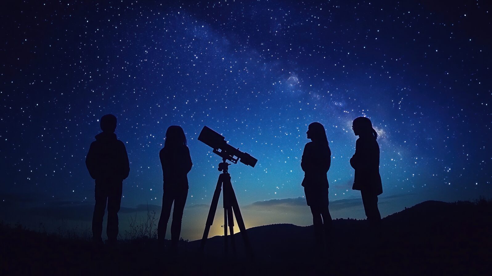 Four silhouettes of people looking at the night sky with a telescope.