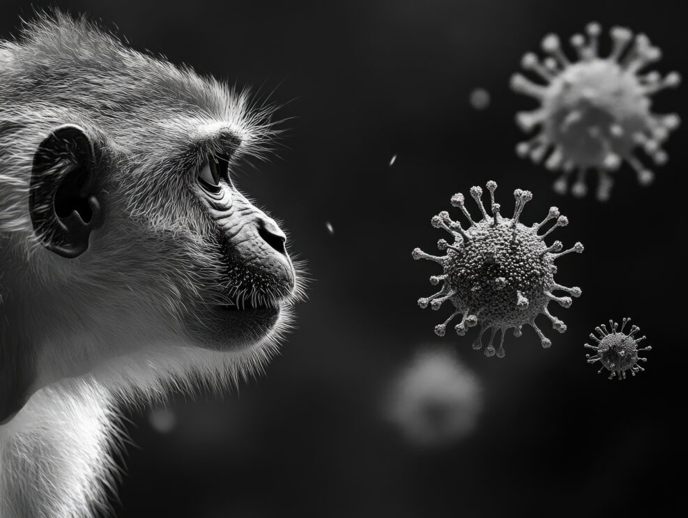 A monkey looking at a virus in a close-up shot