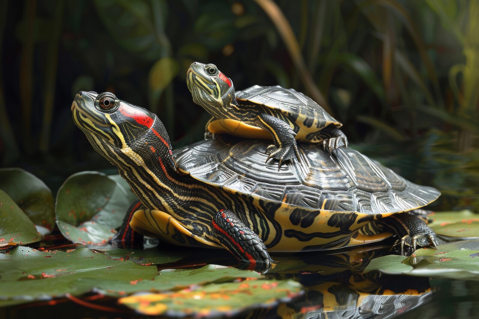 A red-eared slider rests on a leafy green surface with another red-eared slider on its back.