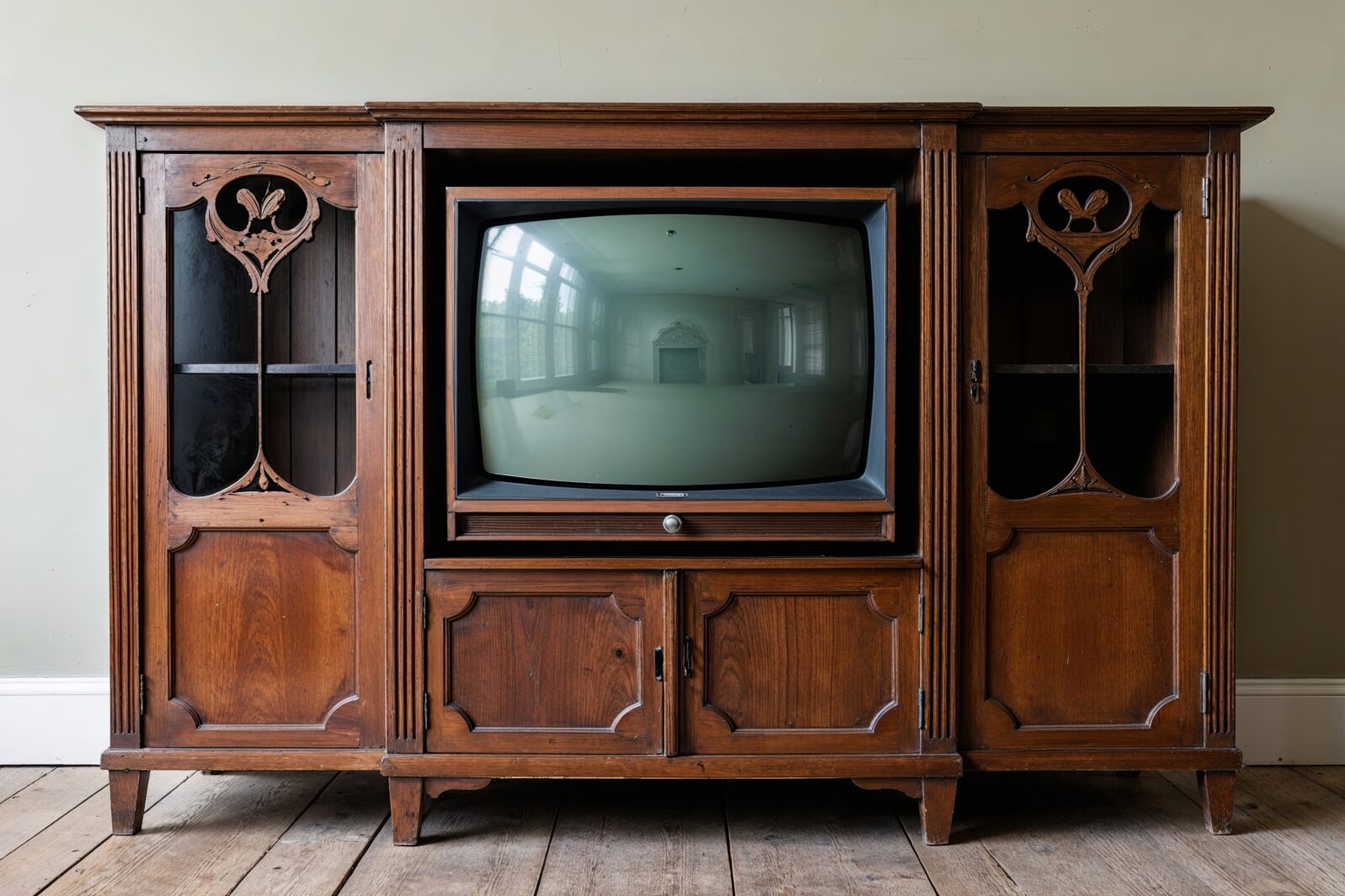 Antique Wooden TV Stand with Decorative Frame Cut-Out for Historical Display